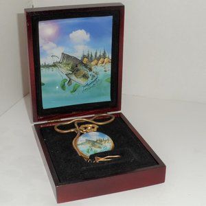 NEW - Fisherman Pocket Watch Gold Blue Face W/Fish